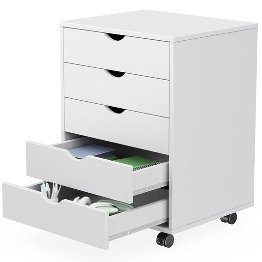 Sweetcrispy 5 Drawer Wooden Dresser, Storage Cabinets, Room Organization | Mobile Rolling Wheels, Vertical Organizer Chest, Home Office Bedroom Furniture, White Wood