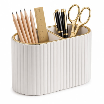 PU Leather Desk Organizer Pen Holder – Dual-Compartment Stylish Pencil Cup Remote Control Holder Desktop Supplies and Accessories Organizer Caddy for Office Home School (Light Beige)
