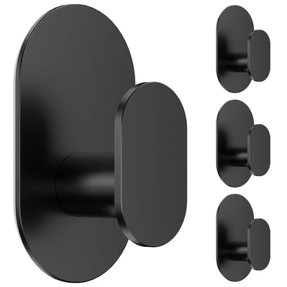 Aikzik Adhesive Towel Hooks - 4 Pack 26LB Extra Strong Heavy Duty Wall Hooks for Bathroom/Shower Door Hanging Coat, Robe, Towel, Dogs' Leads and Collars (Matte Black, Stainless Steel)