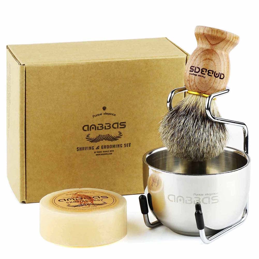 Anbbas 4IN1 Badger Hair Shaving Brush Set Lather for Men Smooth Wet Shave | and Soap Bowl Stand Good Water Absorption Skin Friendly Lather No Shedding Easy To Clean Morning Personal Care Space Saving