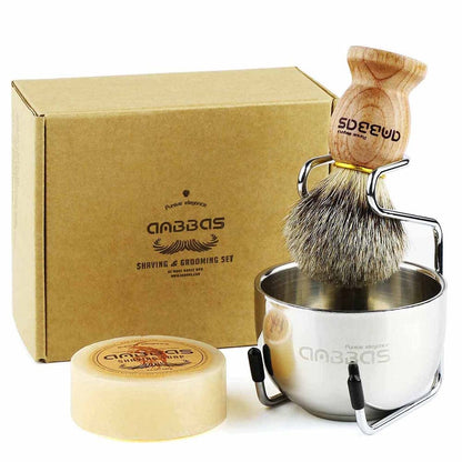 Anbbas 4IN1 Badger Hair Shaving Brush Set Lather for Men Smooth Wet Shave | and Soap Bowl Stand Good Water Absorption Skin Friendly Lather No Shedding Easy To Clean Morning Personal Care Space Saving