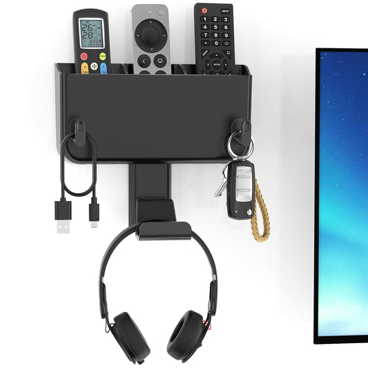 Adhesive Remote Control Holder Wall Mount with Headset Hanger, 3 in 1 Organizer TV/Fan Remote Caddy with Hook for Headphone, No Drill Controller Storage Bracket, Bed Wall Rack
