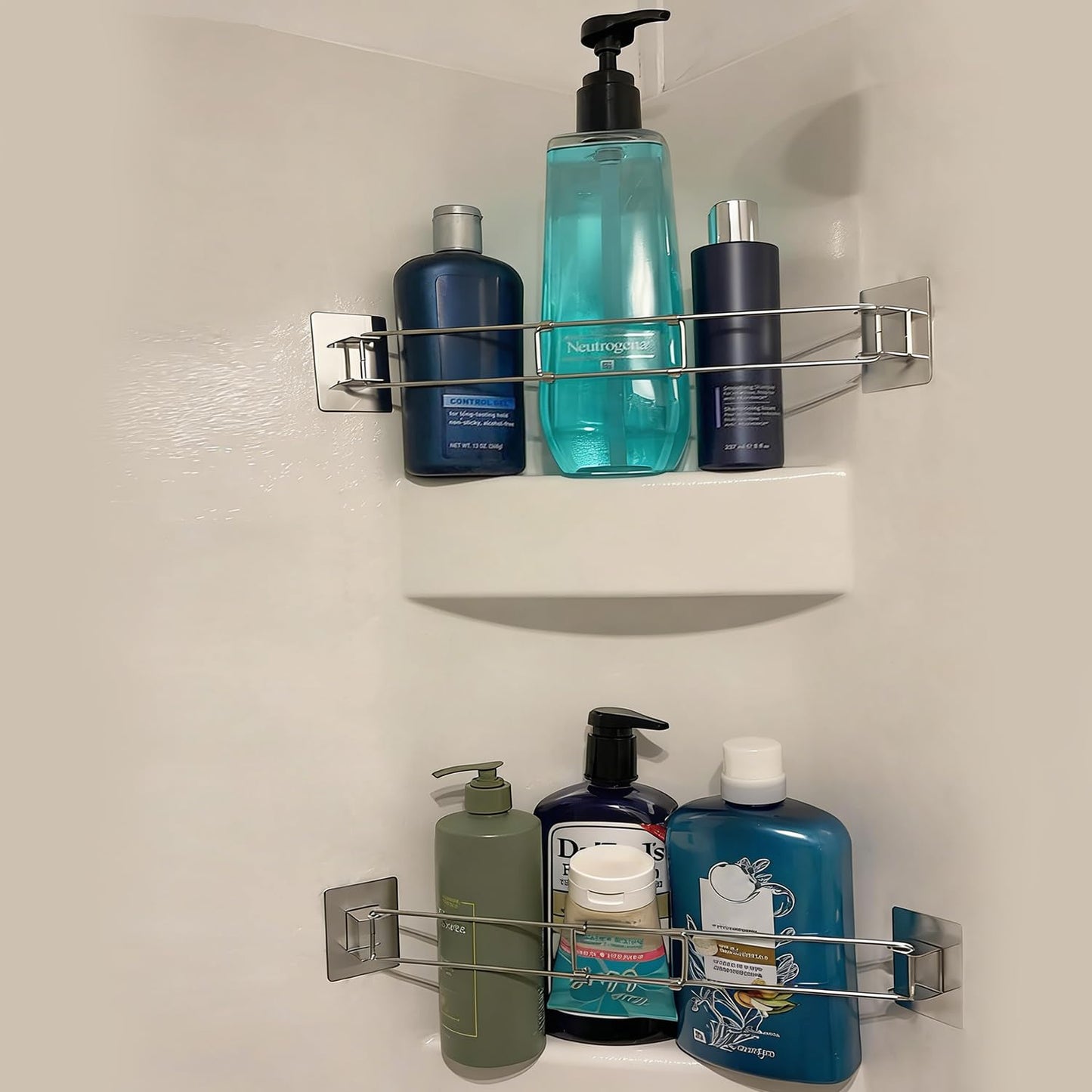 RV Shower Corner Storage Bar,Camper Must Have Organizer Accessories | Keeps Shampoo and Soap Bottles Organized, Adjustable Length Angle, RV Corner Fit, Adhesive Install, Stainless Steel- 2 Pack