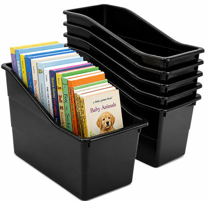 4E's Novelty 6 Durable Book and Binder Holder, Files Book Bins for Classroom, Plastic Vertical Storage Book Organizer Folder Office Classroom Organization Containers Supplies (Black)