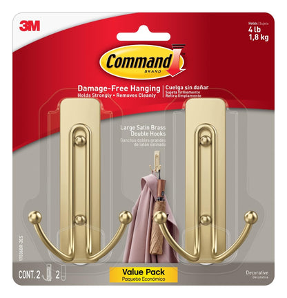 Command Large Bronze Double Hooks, 2 Hooks, 2 Strips | Damage-Free Wall Hooks with Adhesive Strips, No Tools Coat Hooks for Hanging Home Decor, Holds up to 4 lb