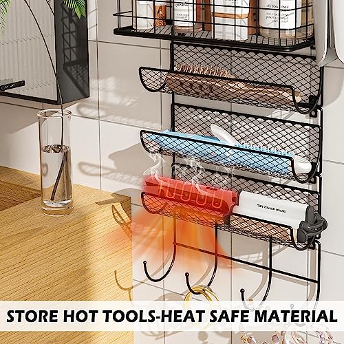 Wall-Mounted Hair Dryer Holder Styling Tool Organizer 4-Shelf Storage Wire Basket with Hook Heat Safe Rack for Hair-Straighteners,Curling Wands,Flat Iron,Perfume,Cabinet Door Bathroom Kitchen