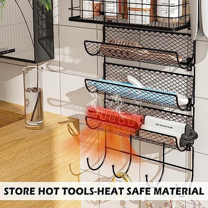 Wall-Mounted Hair Dryer Holder Styling Tool Organizer 4-Shelf Storage Wire Basket with Hook Heat Safe Rack for Hair-Straighteners,Curling Wands,Flat Iron,Perfume,Cabinet Door Bathroom Kitchen