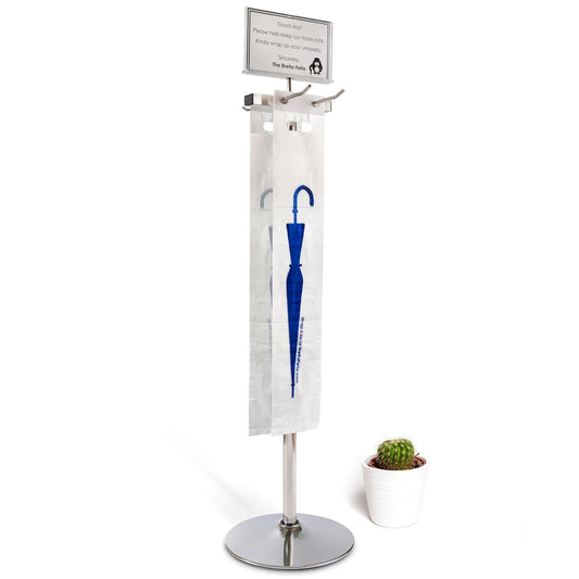 Umbrella Bag Wrapper Station with Sign Frame - Wrap Umbrellas for Rain - Be Safe, Wrap it up! - 200 Long Bags Included