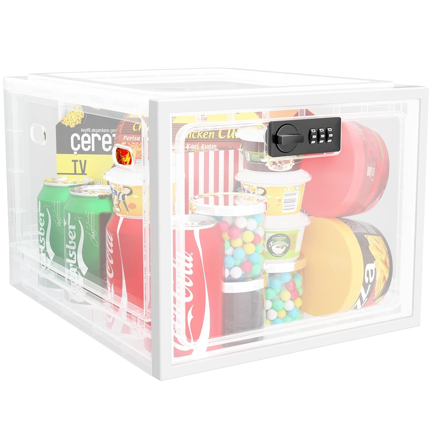 Large Medication Lock Box with Code, Clear Lockable Storage Box for Refrigerator, Cabinet & Dorm, Stackable Medicine Box for Prescriptions, Snacks, Phone, 11.9" x 9.3" x 7.6", White