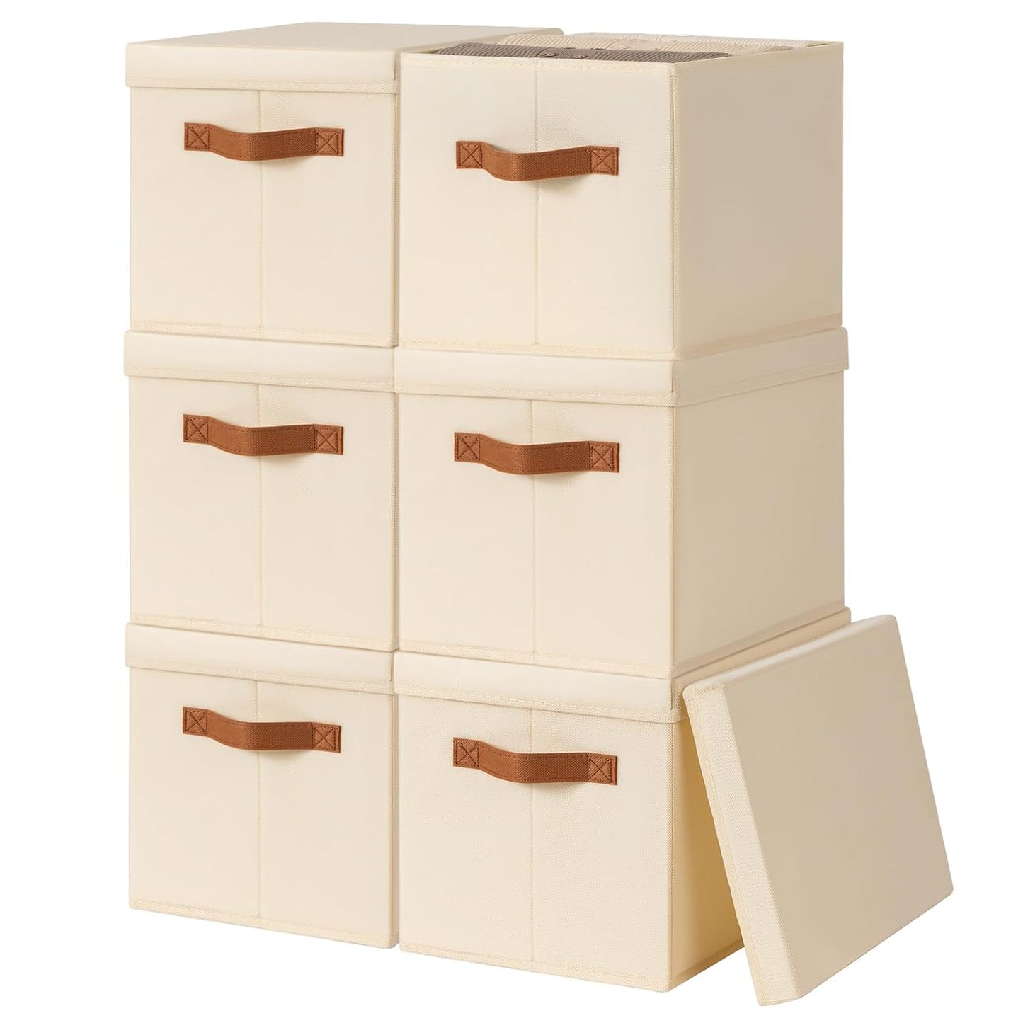 Storage Bins with Lids - Fabric Storage Baskets for Shelves, 6 Pack Foldable Decorative Boxes with Handles, Stackable Organizer Bins for Home, Nursery, Dorm, Beige