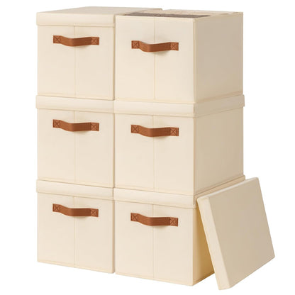 Storage Bins with Lids - Fabric Storage Baskets for Shelves, 6 Pack Foldable Decorative Boxes with Handles, Stackable Organizer Bins for Home, Nursery, Dorm, Beige