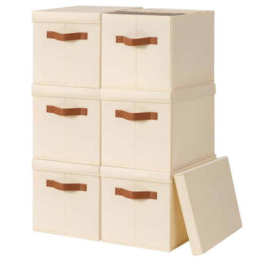 Storage Bins with Lids - Fabric Storage Baskets for Shelves, 6 Pack Foldable Decorative Boxes with Handles, Stackable Organizer Bins for Home, Nursery, Dorm, Beige