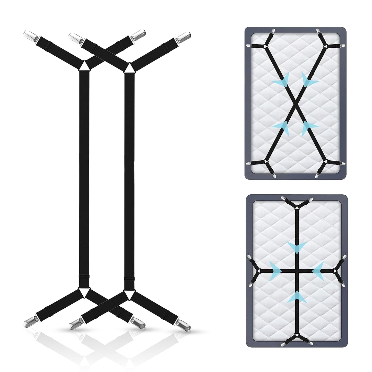 Bed Sheet Holder Straps, Adjustable Elastic, 2pcs Set, Black | Nickel Clamps, Fabric Protectors, Crisscross Design Keeps Sheets Tight, Fits All Mattress Sizes