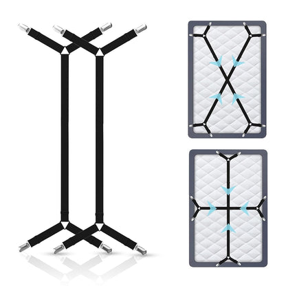 Bed Sheet Holder Straps, Adjustable Elastic, 2pcs Set, Black | Nickel Clamps, Fabric Protectors, Crisscross Design Keeps Sheets Tight, Fits All Mattress Sizes