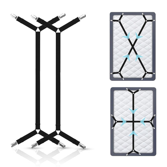 Bed Sheet Holder Straps, Adjustable Elastic, 2pcs Set, Black | Nickel Clamps, Fabric Protectors, Crisscross Design Keeps Sheets Tight, Fits All Mattress Sizes