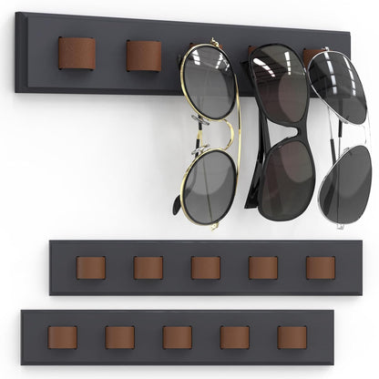 Durmmur Wooden Sunglass Organizer, Wall Mount/3M Adhesive Sunglasses Holder | Holds up to 15 Pairs, 3 Pack Sunglasses Rack Display for Hanging Your Multiple Eyeglasses, for Office, Home Decor(Dark Grey)
