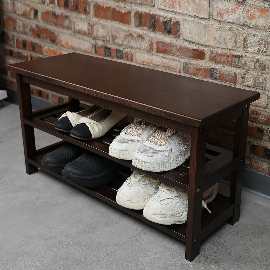 Wood Shoe Bench Rack, USA Grown Hickory, Entryway Bench with Shoe Storage, Mud Room Bathroom, Front Door, Outdoor/Indoor, Dark Walnut(Black)