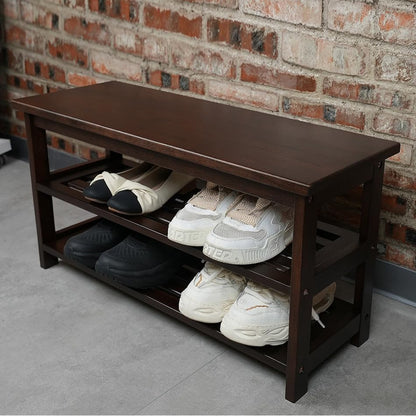 Wood Shoe Bench Rack, USA Grown Hickory, Entryway Bench with Shoe Storage, Mud Room Bathroom, Front Door, Outdoor/Indoor, Dark Walnut(Black)