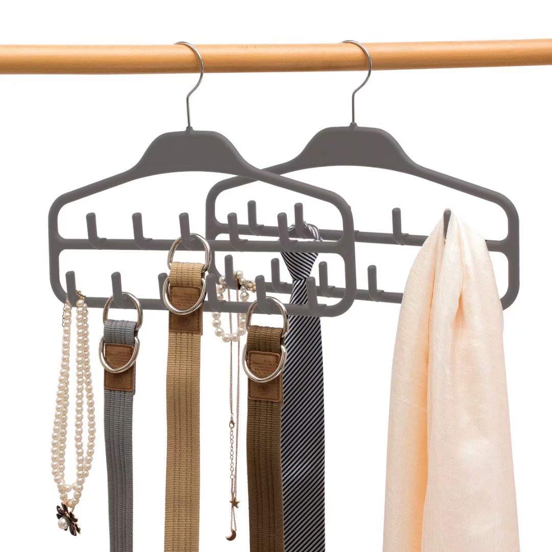 Belt Hanger 2 Pack, Sturdy Belt Organizer with 360 Degree Swivel, Tie Rack with 11 Large Belt Hooks for Closet, Non Slip Rubberized Belt Rack, Gray