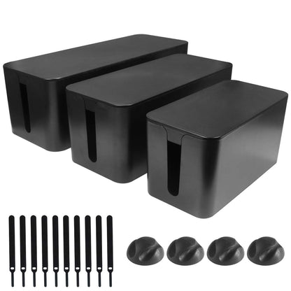 DUNCHATY Cable Management Box 3 Pack - Cord Organizer Box for Desk TV Computer - Large Medium Small Power Strip Cover & Wire Hider - Child & Pet Safe ABS Cord Box with Cable Ties - Black