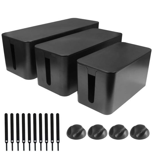 DUNCHATY Cable Management Box 3 Pack - Cord Organizer Box for Desk TV Computer - Large Medium Small Power Strip Cover & Wire Hider - Child & Pet Safe ABS Cord Box with Cable Ties - Black