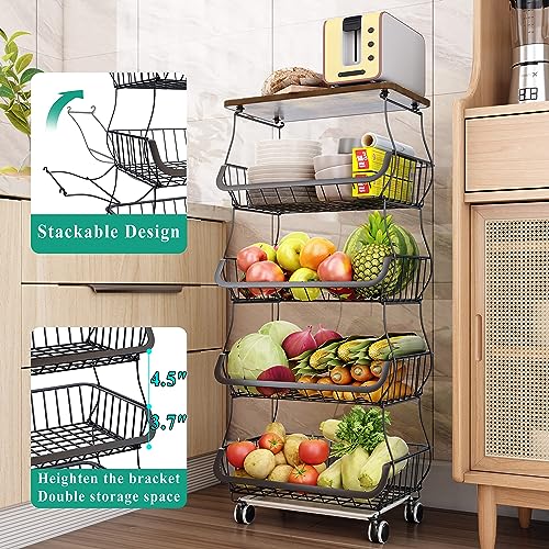 SAYZH 5-Tier Fruit and Vegetable Basket Stand for Kitchen, Wood Top, Black | Stackable Vegetable Storage Baskets with Wheel, Metal Wire Storage Carts for Onion, Potato and Snacks
