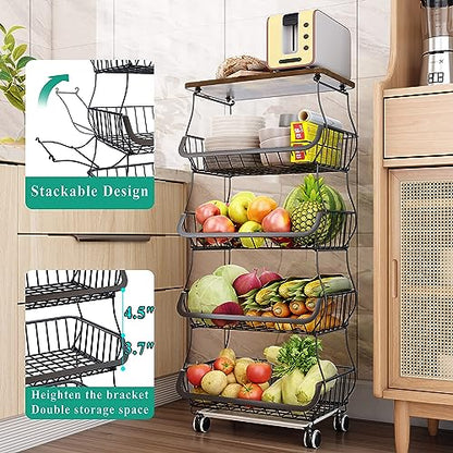 SAYZH 5-Tier Fruit and Vegetable Basket Stand for Kitchen, Wood Top, Black | Stackable Vegetable Storage Baskets with Wheel, Metal Wire Storage Carts for Onion, Potato and Snacks