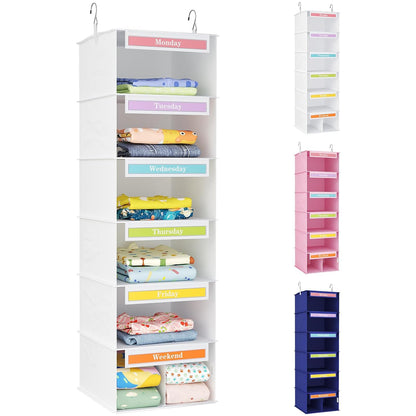 Lifewit 6 Shelf Weekly Hanging Clothes Storage Organizer for Kids, White | Closet Storage with Color Labels for School Outfits, Daily Clothing Divider with Days of The Week Monday to Friday Weekend