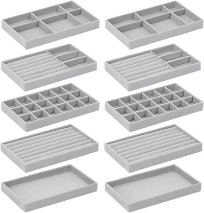 10 Pack Jewelry Organizer Tray Drawer Inserts Stackable Velvet Liner Dividers Customizable Jewellery Box Foam Ring Earring Holder Necklace Bracelet Storage Display Dish Flat in Dresser Vanity