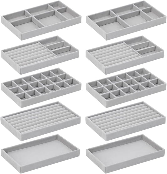 10 Pack Jewelry Organizer Tray Drawer Inserts Stac... (10 Count | Grey | Velvet)