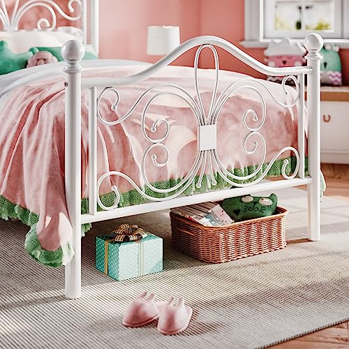 SHA CERLIN Twin Size Metal Bed Frame with Butterfly Headboard, White