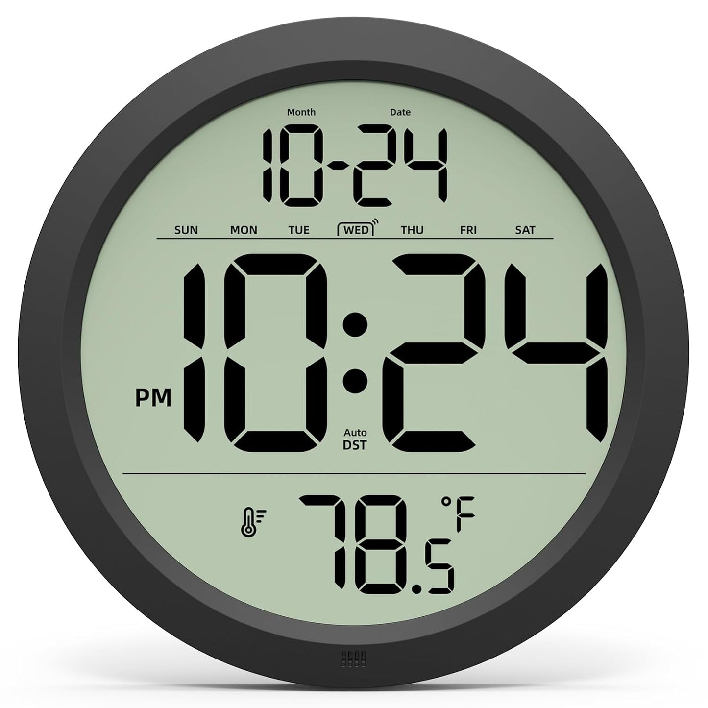 Digital Wall Clock Battery-Operated, 8 Inch Small Decorative Modern Wall Clock with Date, Temperature, Auto-DST, Silent Electric Wall Clock for Bedroom, Living Room, Kitchen, Office, Farmhouse -Black