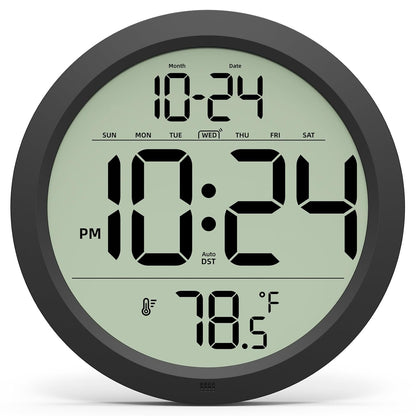 Digital Wall Clock Battery-Operated, 8 Inch Small Decorative Modern Wall Clock with Date, Temperature, Auto-DST, Silent Electric Wall Clock for Bedroom, Living Room, Kitchen, Office, Farmhouse -Black