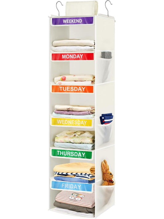 6-Shelf Weekly Clothes Organizer for Kids, Hanging Daily Closet Organization with 6 Side Pockets, Days of The Week Clothing Divider Storage for Boys and Girls (White)