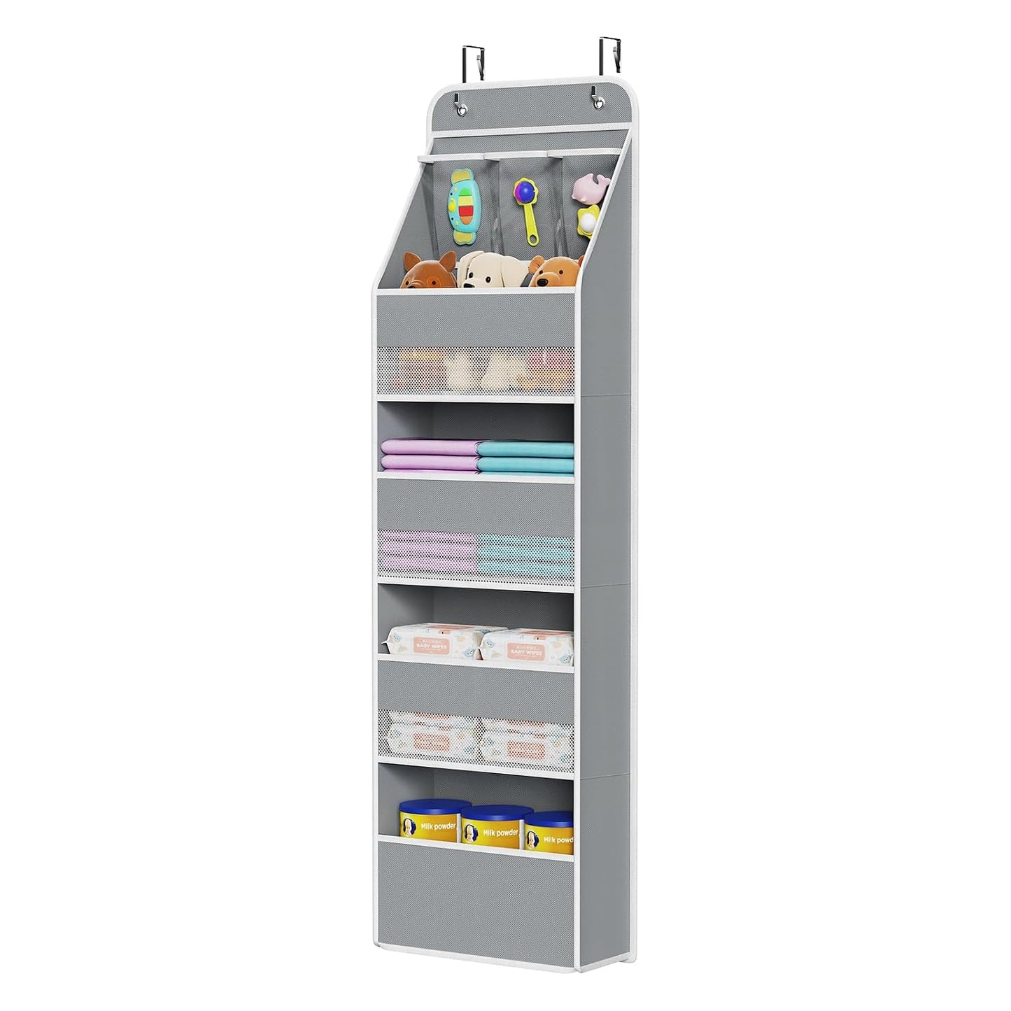 Univivi Fabric Over Door Hanging Organizer for Baby Nursery, Grey, 5-Shelf | Door Storage with Large Capacity Breathable Mesh Pockets, Closet Organizers and Storage for Baby Essential, Bedroom and Dorm