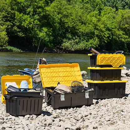 HOMZ Durabilt Plastic Storage Bins with Lids, 27 Gal, Black/Yellow, 2 Pack | Heavy-Duty Large Stackable Container Boxes for Home, Attic, and Garage Organization
