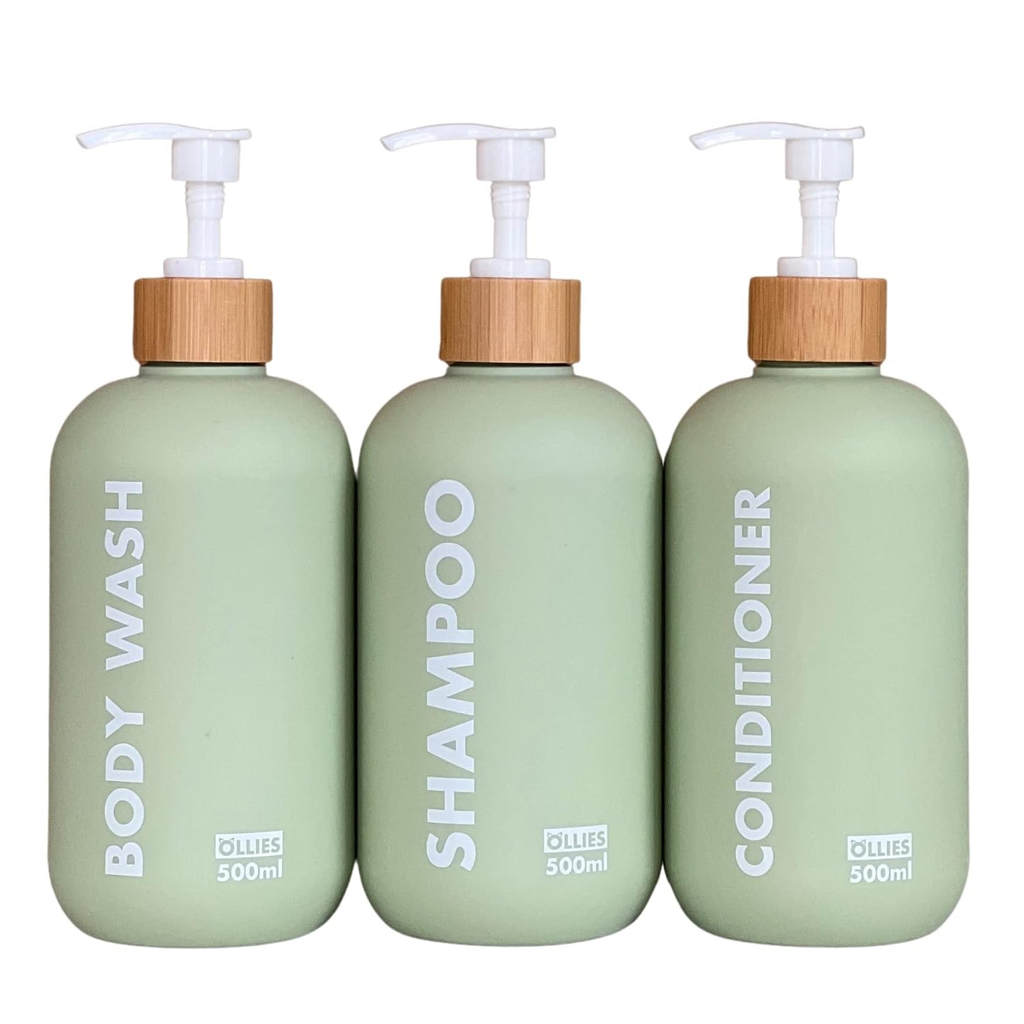 OLLIES Shampoo and Conditioner Dispenser, Shower Soap Dispenser for Bathroom, Set of 3 with Permanent Stylish Label, 17oz, 500ml Refillable Shampoo and Conditioner Bottles Green