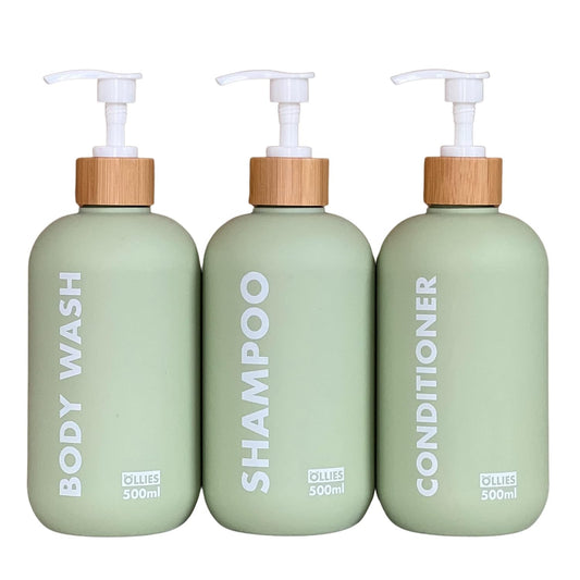 OLLIES Shampoo and Conditioner Dispenser, Shower Soap Dispenser for Bathroom, Set of 3 with Permanent Stylish Label, 17oz, 500ml Refillable Shampoo and Conditioner Bottles Green