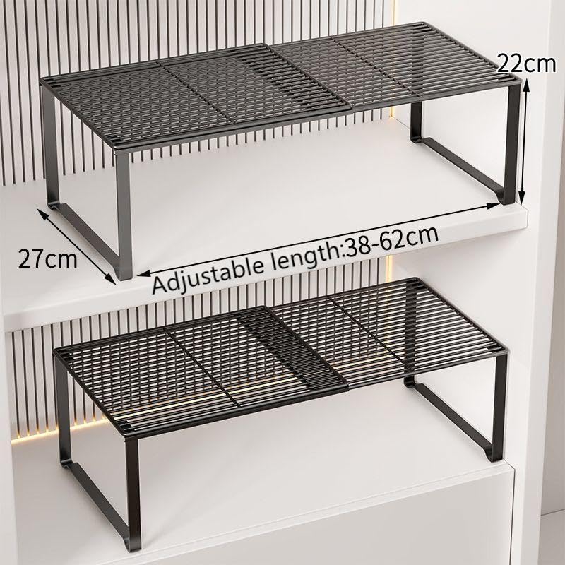 Extendable Metal Wire Shelf Organizer - Adjustable 15-24.4in Length, Stackable Storage Rack for Kitchen/Pantry/Bathroom/Shoe Cabinet/Tool Closet (1,Black)