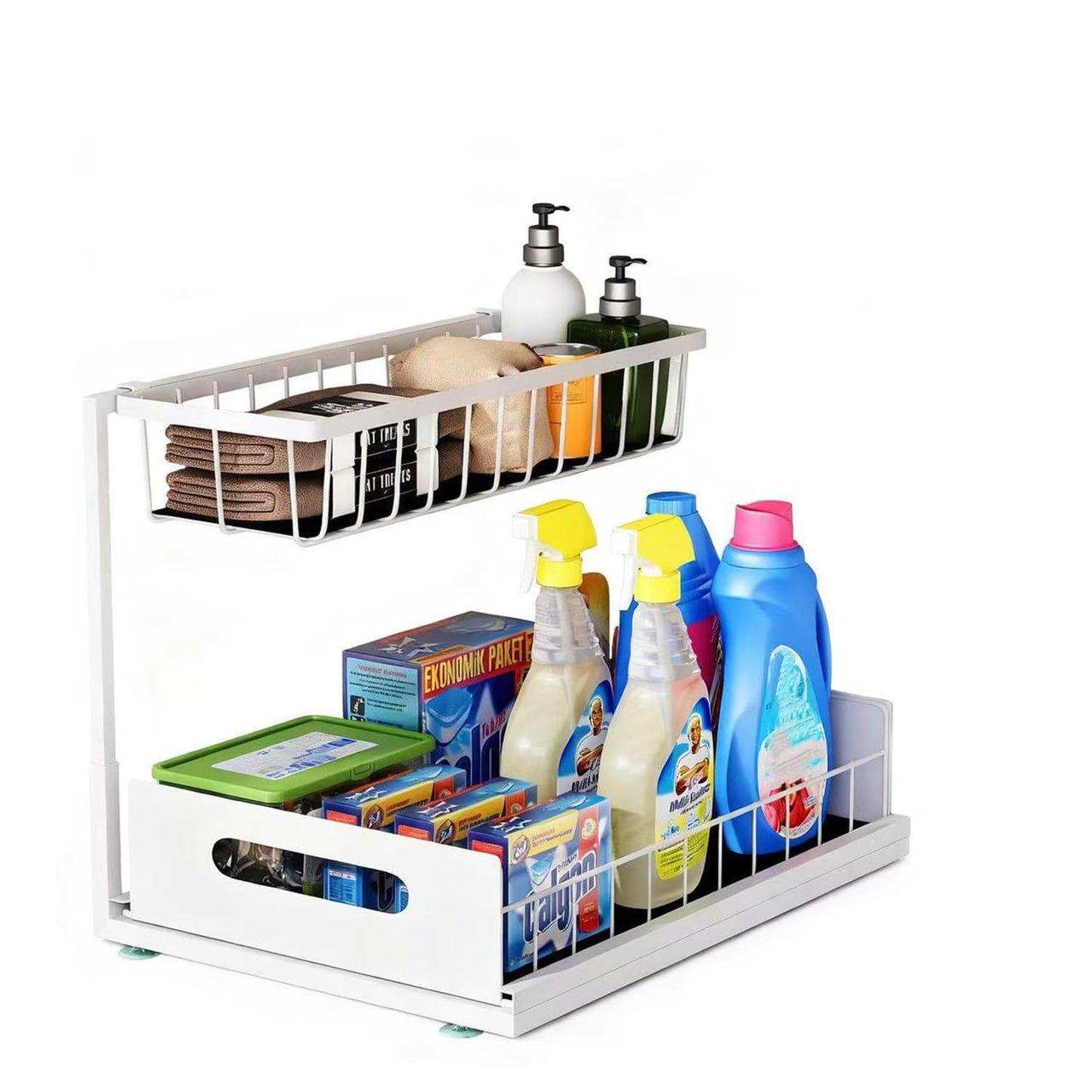 Under Sink Organizer, 2 Tier Pull-Out Cabinet Storage Shelf, Rust-Resistant Metal Organizer for Kitchen Bathroom Laundry Room, No Tools Installation, 1 Pack White