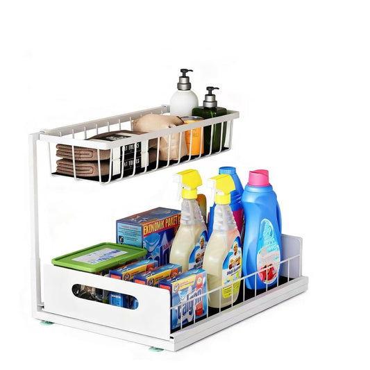 Under Sink Organizer, 2 Tier Pull-Out Cabinet Storage Shelf, Rust-Resistant Metal Organizer for Kitchen Bathroom Laundry Room, No Tools Installation, 1 Pack White
