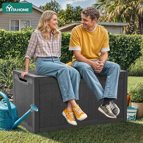 YITAHOME 100 Gallon Large Resin Deck Box Outdoor Storage Boxes for Patio | Outdoor Cushions, Garden Tools and Pool Supplies-Waterproof,Lockable (Black)
