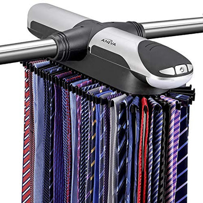 Motorized Tie Rack Closet Organizer with LED Lights Includes J Hooks for Wired Shelving Stores Up to 72 Ties & 8 Belts, Operates with Batteries