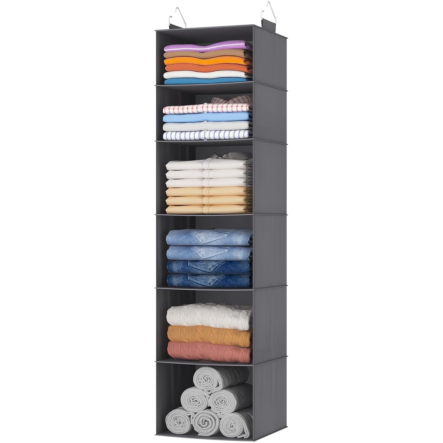 Lifewit 6 Tier Hanging Portable Closet Storage Organizer for Shelves, Beige | Foldable Clothes Shelf with 2 Sturdy Hooks, Sweater/Coat/Shoes Clothing Organization for Wardrobe, Dorm, Bedroom