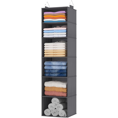 Lifewit 6 Tier Hanging Portable Closet Storage Organizer for Shelves, Beige | Foldable Clothes Shelf with 2 Sturdy Hooks, Sweater/Coat/Shoes Clothing Organization for Wardrobe, Dorm, Bedroom