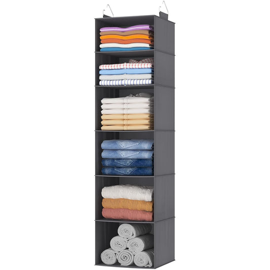 Lifewit 6 Tier Hanging Portable Closet Storage Organizer for Shelves, Beige | Foldable Clothes Shelf with 2 Sturdy Hooks, Sweater/Coat/Shoes Clothing Organization for Wardrobe, Dorm, Bedroom