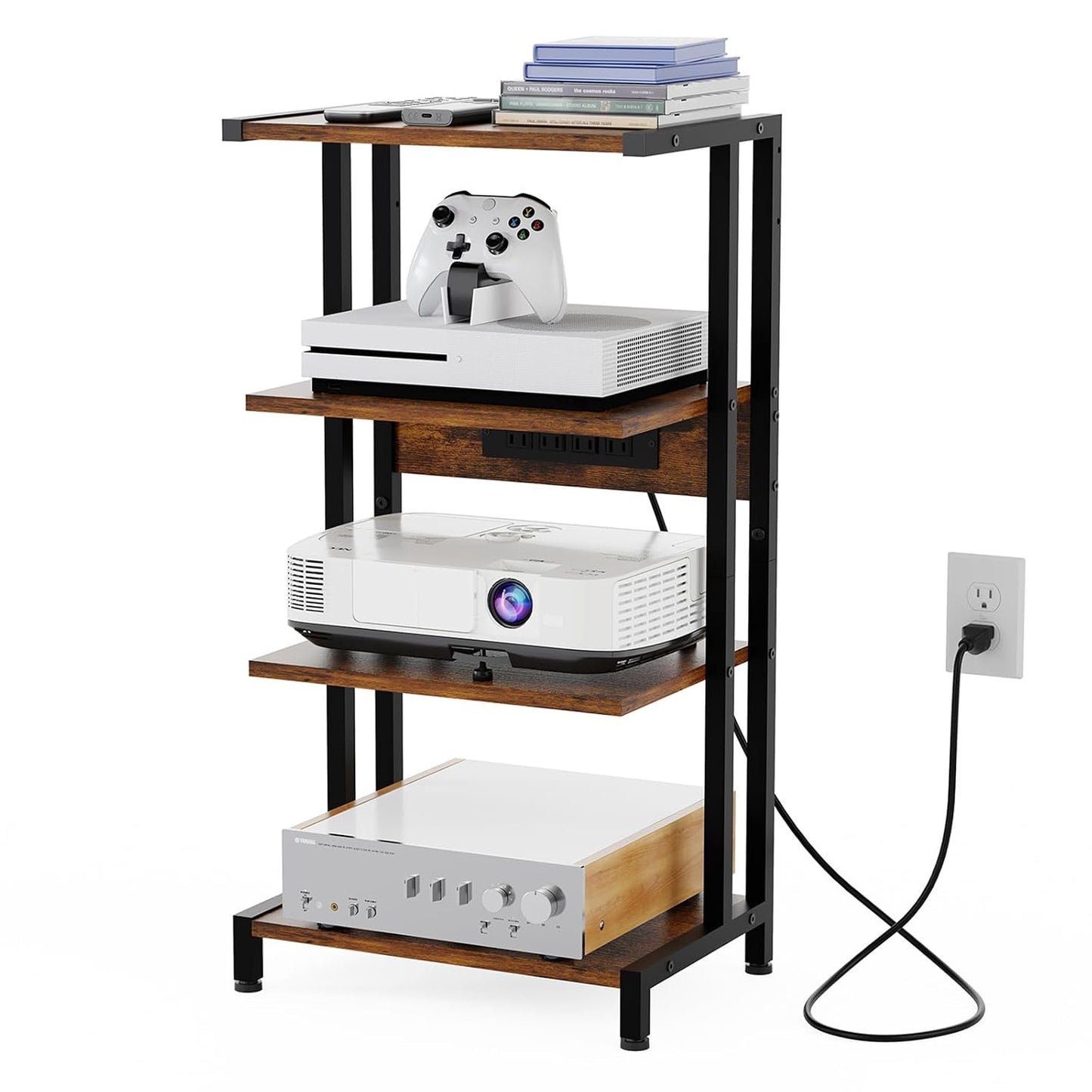 X-cosrack 16.5" Game Console Shelf, Small 4-Tier Video Gaming Consoles Stand with Outlet, Narrow Stereo Cabinet AV Media Stand, Corner Audio Rack for PS5,Xbox,Game Console,TV Box,WiFi Router