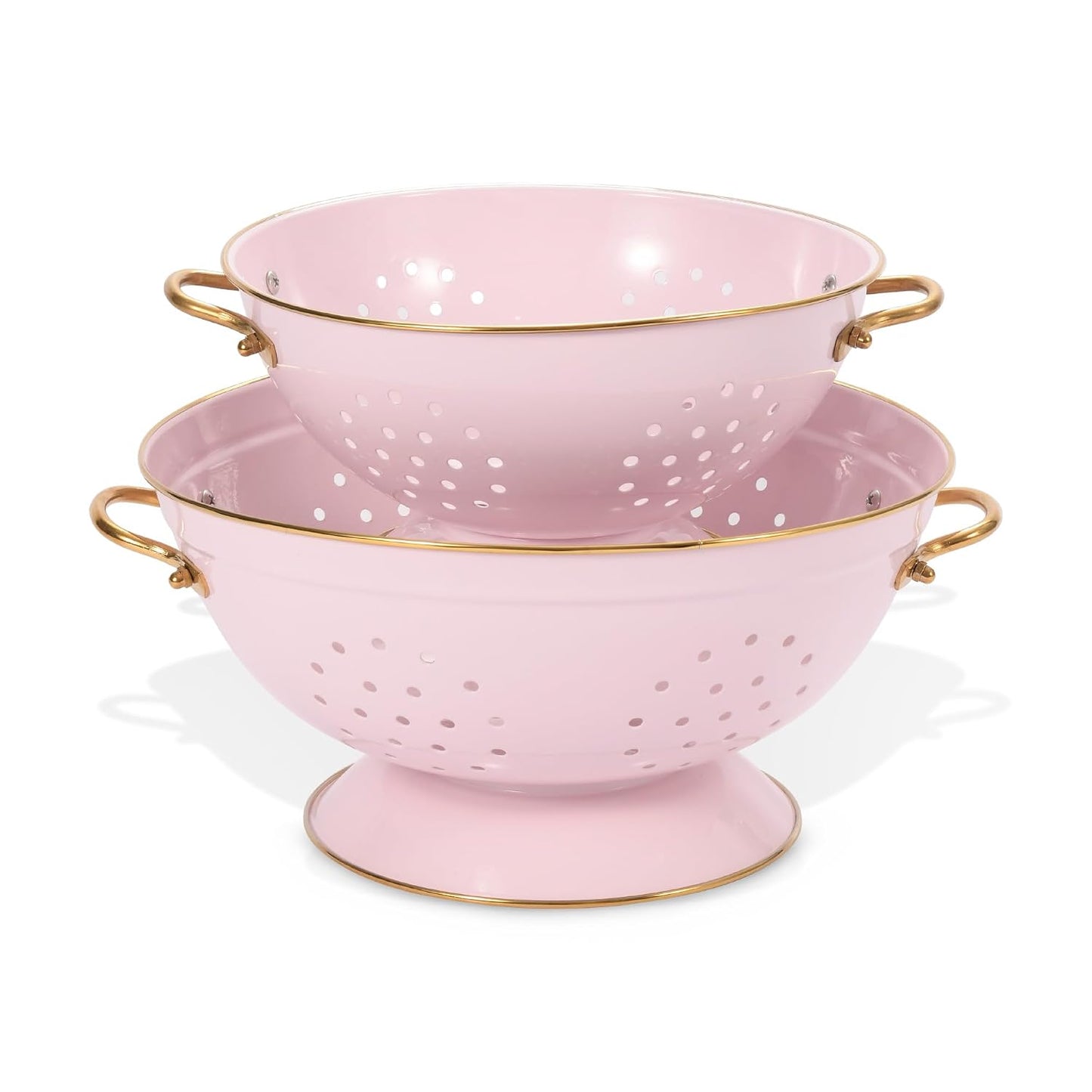 Metal Colander Set of 2, Strainer Basket with Handles 3.5 & 5 Qt Powder Coated Self-draining Solid Ring Base Metal Large Kitchen Colander Bowel for Pasta Vegetable Fruit (PINK)