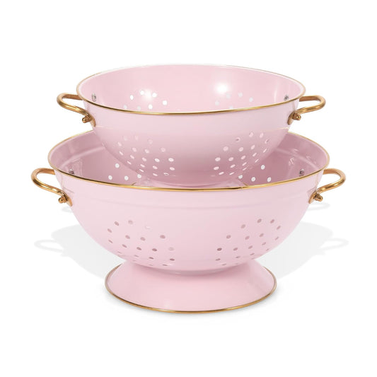 Metal Colander Set of 2, Strainer Basket with Handles 3.5 & 5 Qt Powder Coated Self-draining Solid Ring Base Metal Large Kitchen Colander Bowel for Pasta Vegetable Fruit (PINK)