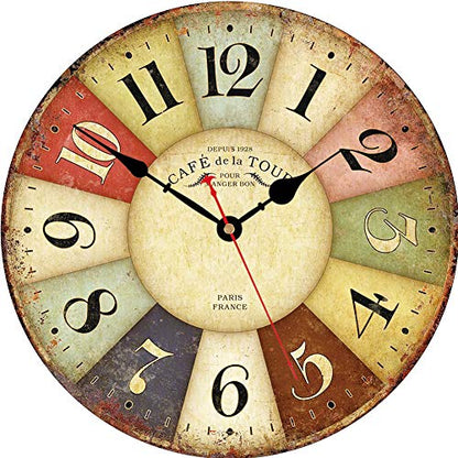 VIKMARI Rustic Wooden Silent Wall Clock Decor 14 in Colorful Arab Numerals | Battery Operated Retro French Country Style Wall Clocks for Kitchen,Living Room,Bathroom,Bedroom
